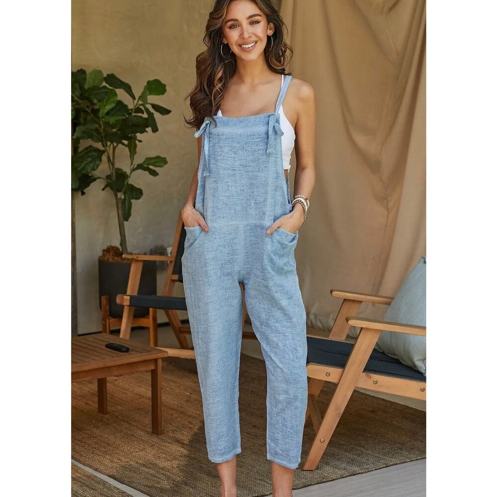 Womens Milio Milano 100% Linen Jumpsuit Overalls Small Blue Coastal Beach Resort